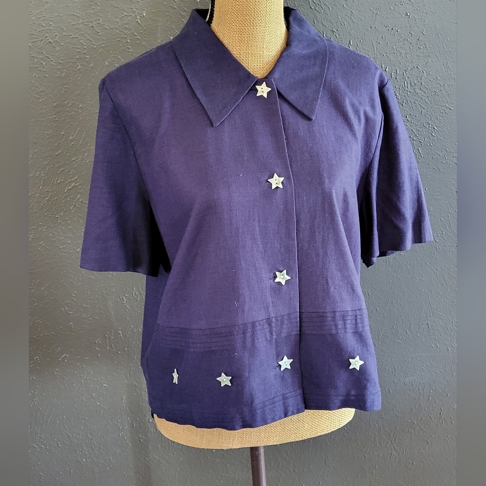 MHM Melissa Harper Navy Blue Cotton/Linen Cropped Top Large